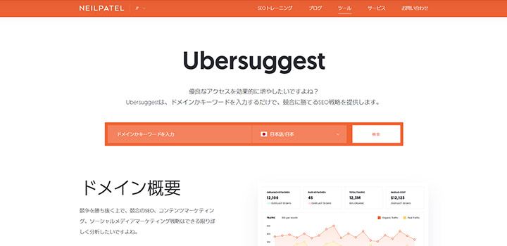 ubersuggestのキーワードを入力する画面【日本語版】